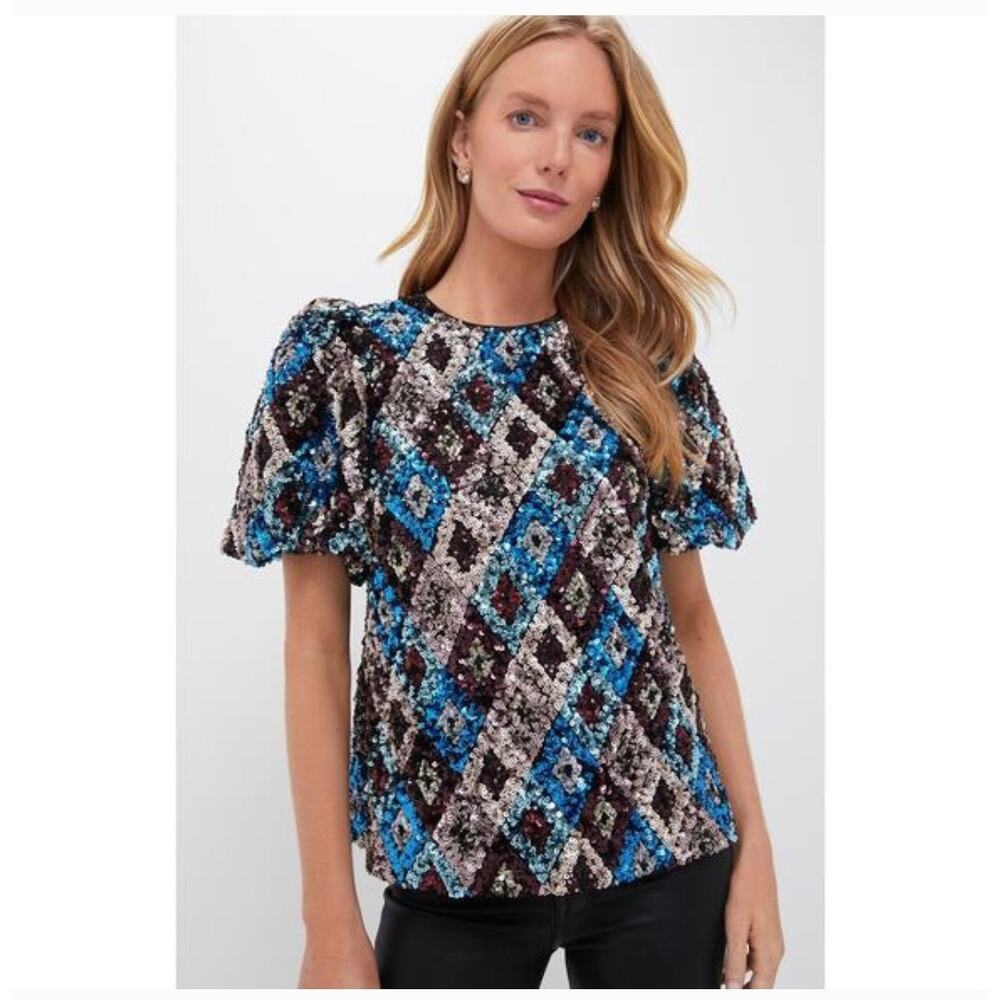 Pomander Place Tuckernuck Jada Sequin Puff Sleeve Blouse NWT